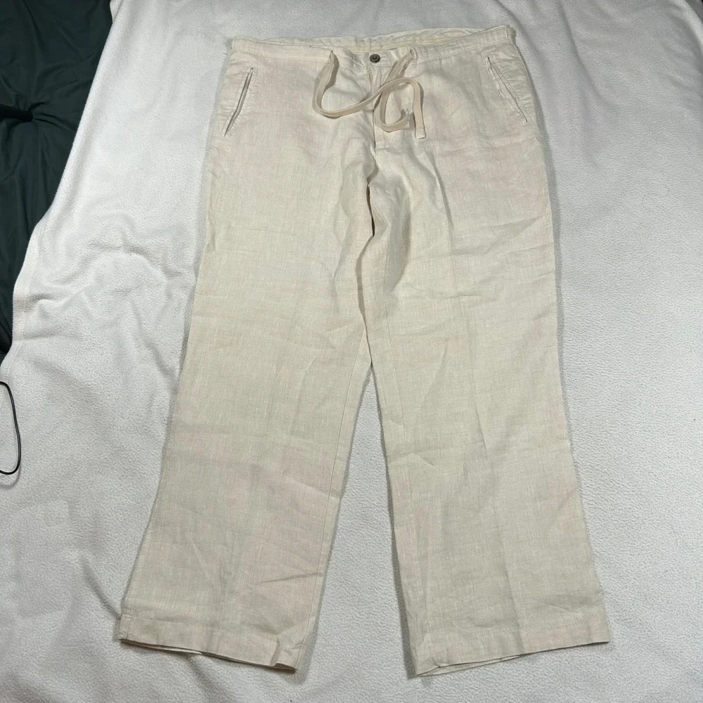 Linen Drawstring Straight Leg Pants 40x32 Tasso Elba Islands Beige Light